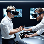**

A team of international colleagues collaboratively designing a new car in a realistic 3D virtual space, using VR headsets. The scene emphasizes innovation and teamwork with a futuristic aesthetic.

**