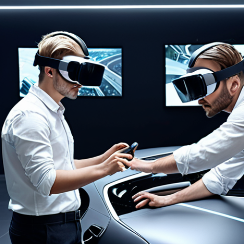 **

A team of international colleagues collaboratively designing a new car in a realistic 3D virtual space, using VR headsets. The scene emphasizes innovation and teamwork with a futuristic aesthetic.

**