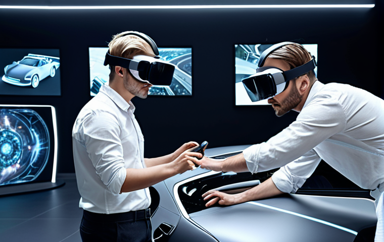 **
A team of international colleagues collaboratively designing a new car in a realistic 3D virtual space, using VR headsets. The scene emphasizes innovation and teamwork with a futuristic aesthetic.
**