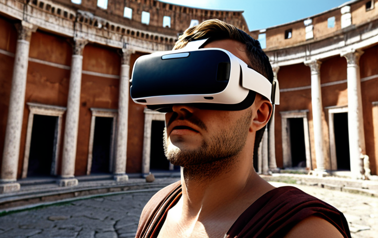 ** A person wearing a VR headset, immersed in a detailed recreation of Ancient Rome. Focus on the user's sense of wonder and the historical setting.
**
