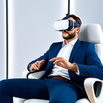 A young adult in professional business casual attire, comfortably seated in a brightly lit, modern VR lounge, wearing a sleek, autonomous virtual reality headset. The person is fully clothed in modest and appropriate attire. The scene emphasizes ease of use, deep immersion, and freedom of movement within a high-fidelity virtual environment. Photorealistic, high detail, professional studio lighting, vibrant colors. Perfect anatomy, correct proportions, natural pose, well-formed hands, proper finger count, natural body proportions. Safe for work, appropriate content, family-friendly.