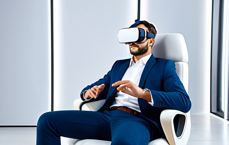A young adult in professional business casual attire, comfortably seated in a brightly lit, modern VR lounge, wearing a sleek, autonomous virtual reality headset. The person is fully clothed in modest and appropriate attire. The scene emphasizes ease of use, deep immersion, and freedom of movement within a high-fidelity virtual environment. Photorealistic, high detail, professional studio lighting, vibrant colors. Perfect anatomy, correct proportions, natural pose, well-formed hands, proper finger count, natural body proportions. Safe for work, appropriate content, family-friendly.