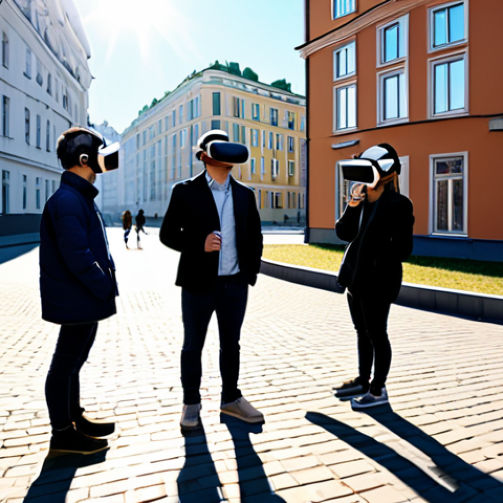 **

"A group of architects wearing VR headsets collaborating on a virtual model of a new Moscow neighborhood. Sunlight streams through the virtual buildings. They are observing the width of sidewalks and playground placements. Safe for work, appropriate content, fully clothed, professional, perfect anatomy, natural proportions, realistic rendering."

**