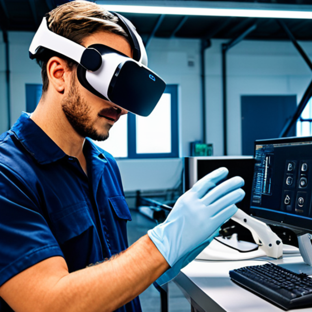 Professional VR Training Simulation**

"A fully clothed engineer in appropriate work attire using VR headset and haptic gloves in a high-tech industrial setting, performing a simulated repair on a complex machine, perfect anatomy, correct proportions, natural pose, safe for work, appropriate content, professional, realistic lighting, detailed environment."

**