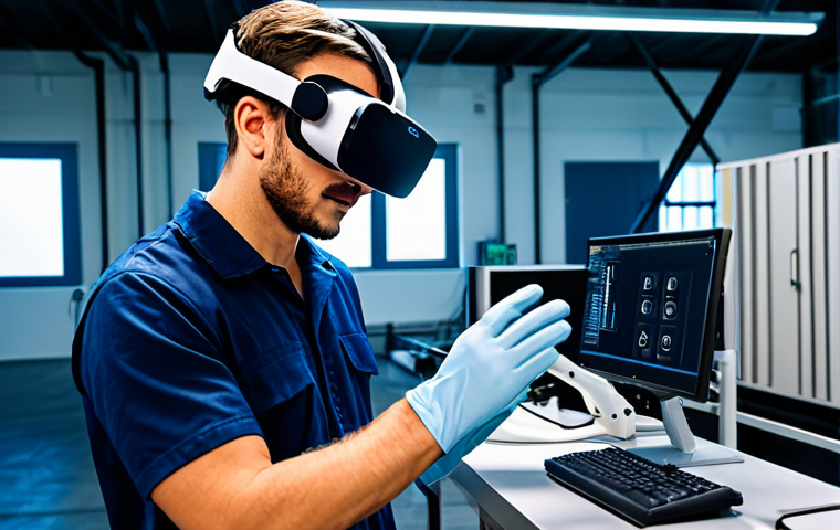 Professional VR Training Simulation**

"A fully clothed engineer in appropriate work attire using VR headset and haptic gloves in a high-tech industrial setting, performing a simulated repair on a complex machine, perfect anatomy, correct proportions, natural pose, safe for work, appropriate content, professional, realistic lighting, detailed environment."

**