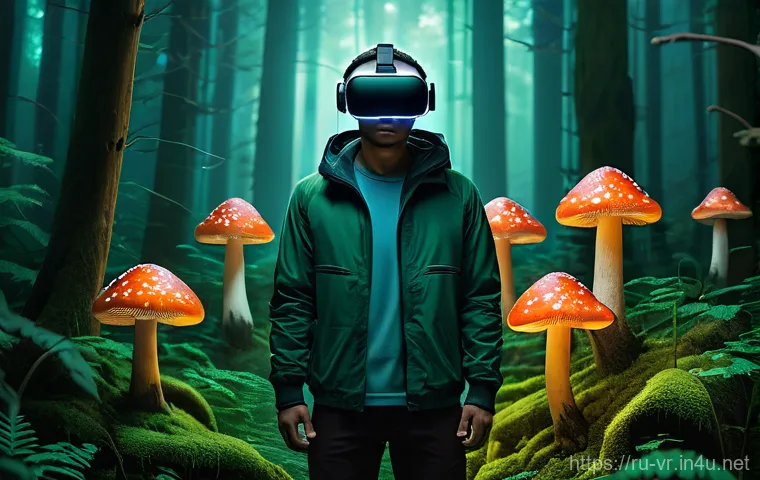 가상현실에서의 신체 반응 - **Prompt 1: Deep Immersion in a Mythical Forest**
    A young adult, with an expression of profound ...