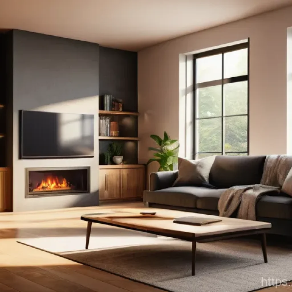 가상현실 공간 설계 - **A highly detailed and cozy virtual reality living room**, bathed in the soft, warm glow of a simul...