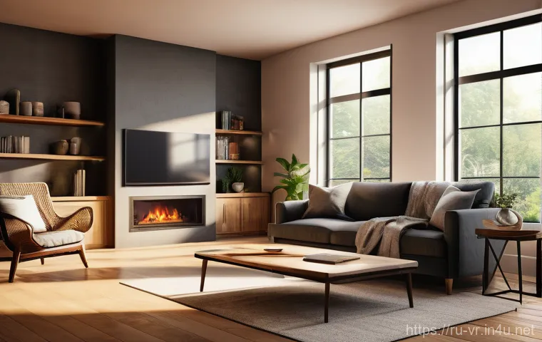 가상현실 공간 설계 - **A highly detailed and cozy virtual reality living room**, bathed in the soft, warm glow of a simul...