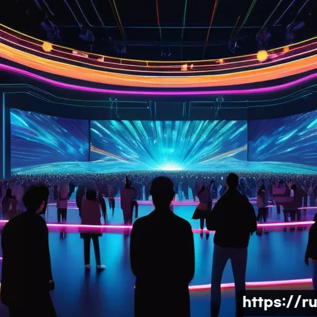 가상현실 네이티브 환경 - **Prompt:** A vibrant, futuristic virtual concert hall, bustling with diverse avatars of people aged...