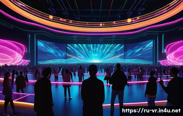 가상현실 네이티브 환경 - **Prompt:** A vibrant, futuristic virtual concert hall, bustling with diverse avatars of people aged...