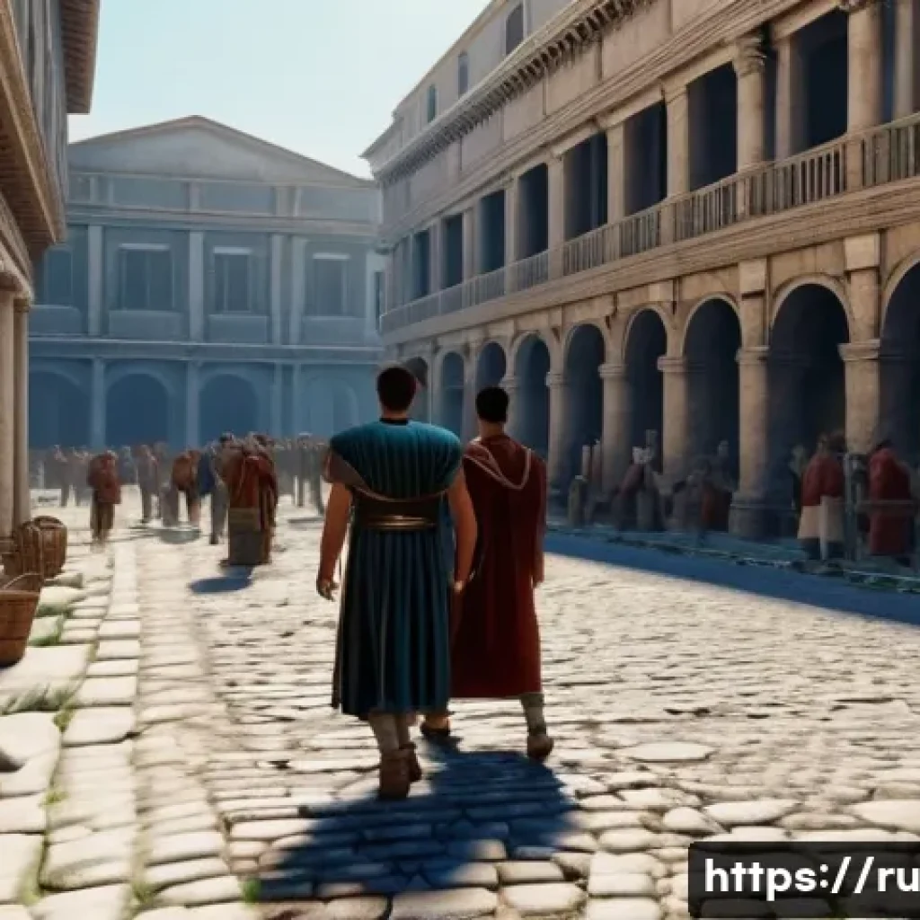 VR로 체험하는 역사 - A highly detailed virtual reality scene of ancient Rome during the imperial era, showing bustling st...