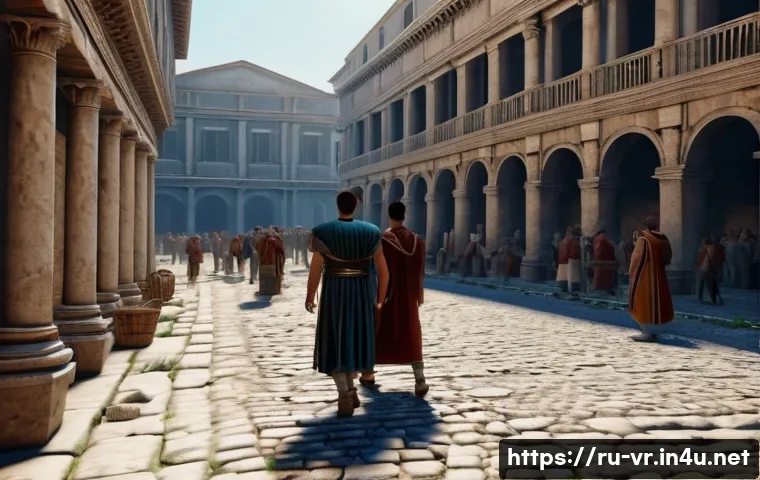 VR로 체험하는 역사 - A highly detailed virtual reality scene of ancient Rome during the imperial era, showing bustling st...