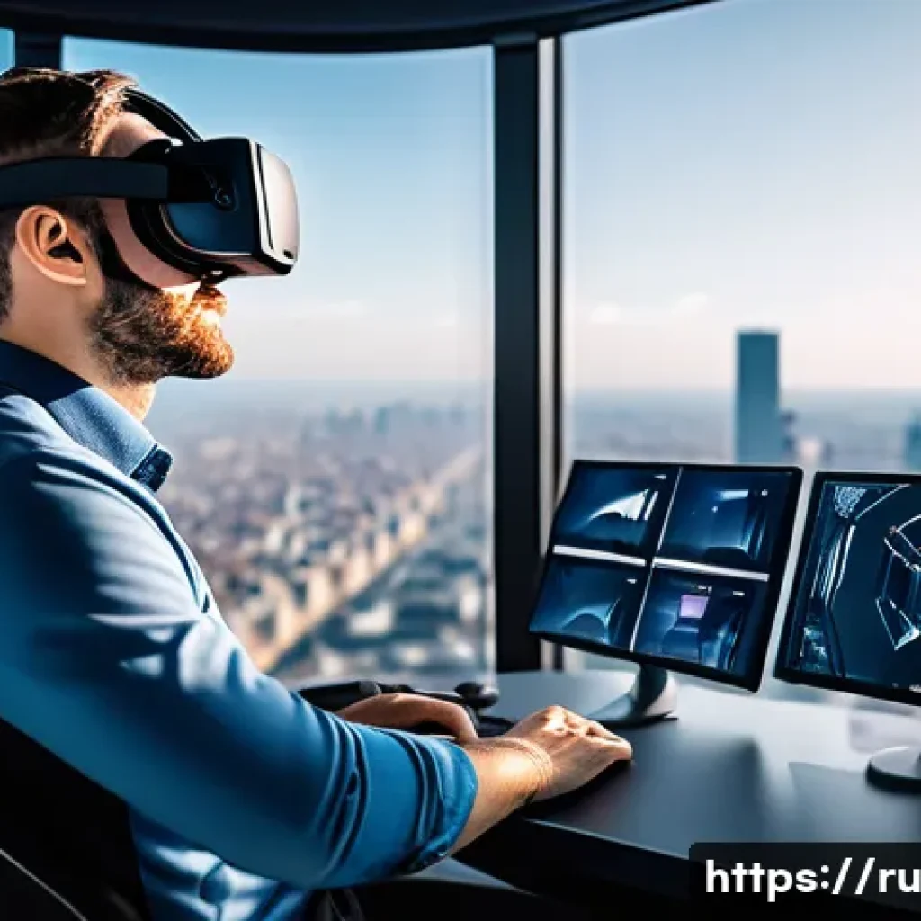 가상현실 드론 - A professional drone operator wearing a comfortable VR headset, seated in a modern control room over...