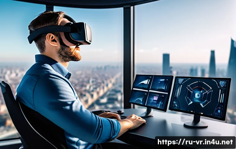 가상현실 드론 - A professional drone operator wearing a comfortable VR headset, seated in a modern control room over...