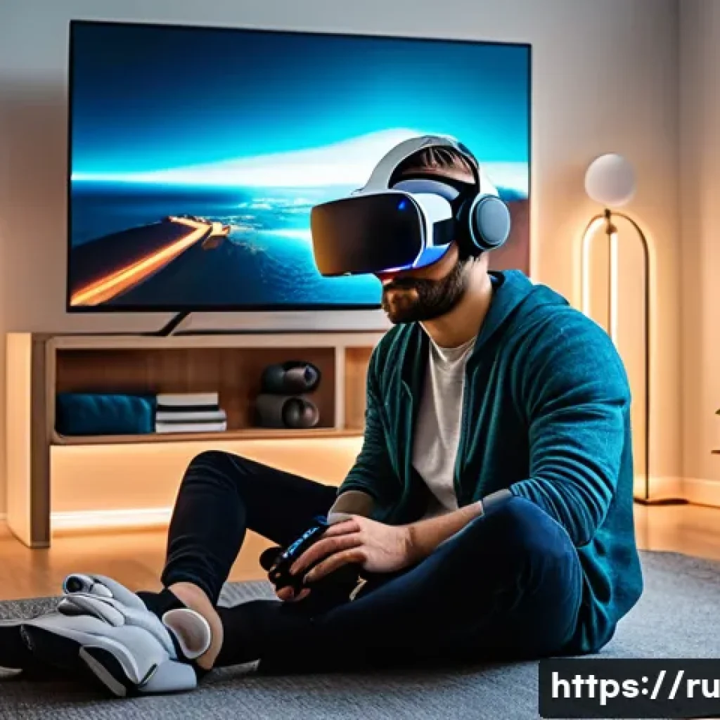 VR 플랫폼 비교 - A modern VR gaming setup in a cozy European living room, featuring a person wearing a Meta Quest 2 s...