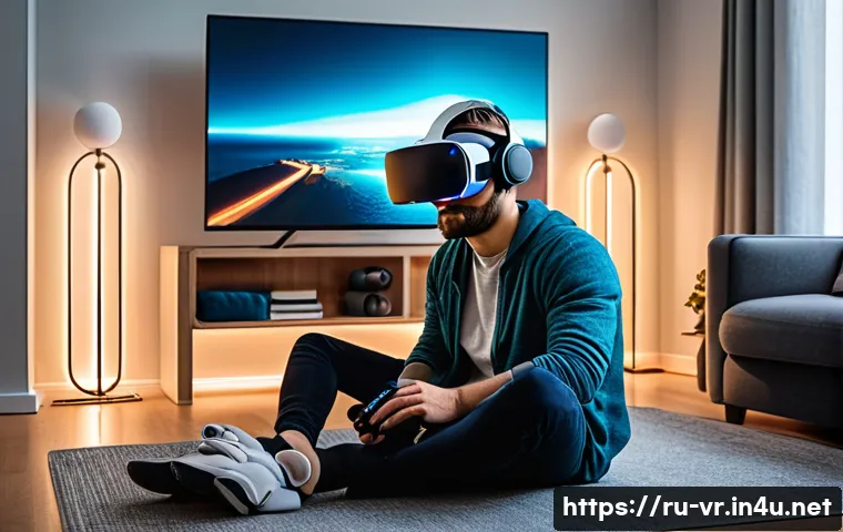 VR 플랫폼 비교 - A modern VR gaming setup in a cozy European living room, featuring a person wearing a Meta Quest 2 s...