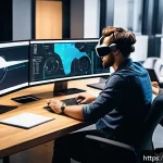 Home 22 가상현실 사업화 전략 - A modern VR startup office environment featuring a diverse team of professionals collaborating on vi...