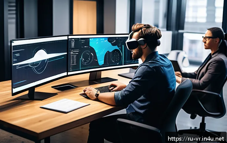 가상현실 사업화 전략 - A modern VR startup office environment featuring a diverse team of professionals collaborating on vi...