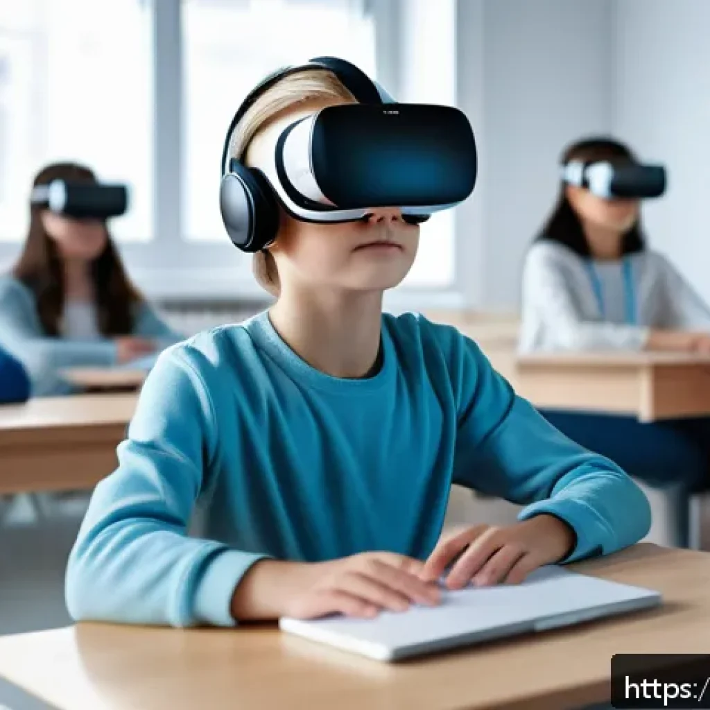 VR 몰입형 경험 - A highly detailed digital illustration of a young Russian student wearing a VR headset, immersed in ...