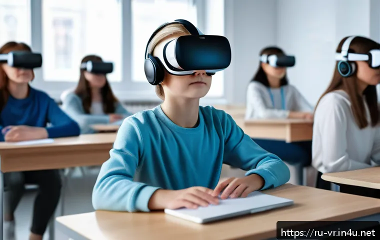 VR 몰입형 경험 - A highly detailed digital illustration of a young Russian student wearing a VR headset, immersed in ...