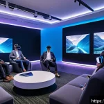 Home 20 VR을 활용한 이벤트 개최 - A futuristic corporate event space blending physical and virtual reality elements, featuring attende...