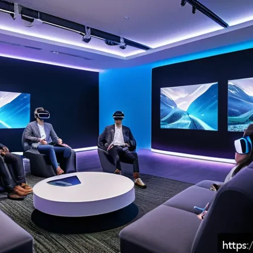 Home 32 VR을 활용한 이벤트 개최 - A futuristic corporate event space blending physical and virtual reality elements, featuring attende...