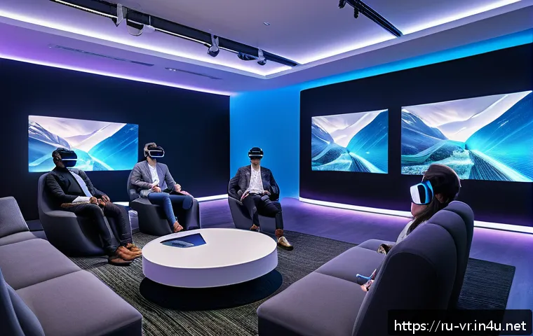 VR을 활용한 이벤트 개최 - A futuristic corporate event space blending physical and virtual reality elements, featuring attende...