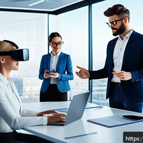 Home 31 VR 상용화 - A futuristic virtual reality office environment showing diverse professionals collaborating remotely...