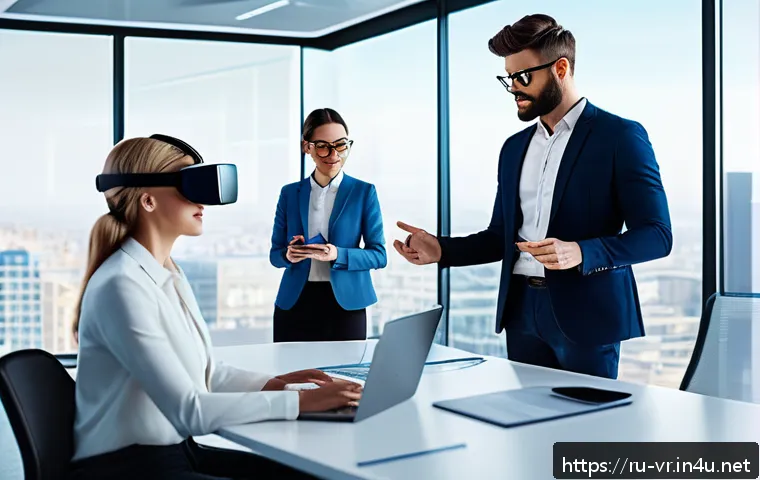 VR 상용화 - A futuristic virtual reality office environment showing diverse professionals collaborating remotely...