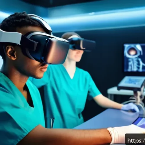 Home 30 가상현실을 통한 의료 훈련 - A highly detailed medical training scene inside a modern virtual reality simulation lab, showing a y...