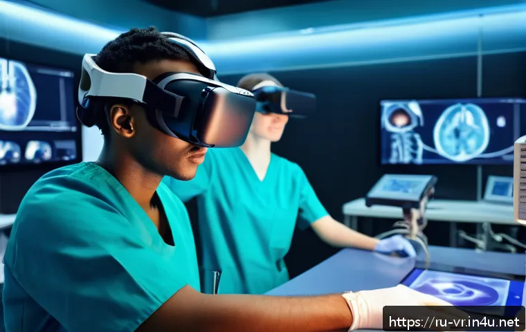 가상현실을 통한 의료 훈련 - A highly detailed medical training scene inside a modern virtual reality simulation lab, showing a y...