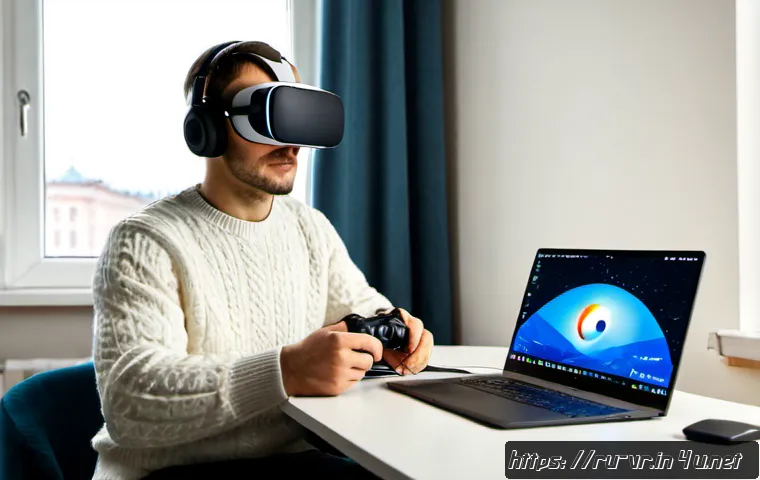 VR 콘텐츠 수익화 - Photorealistic modern Moscow home studio, Russian VR content creator wearing a sleek standalone VR h...