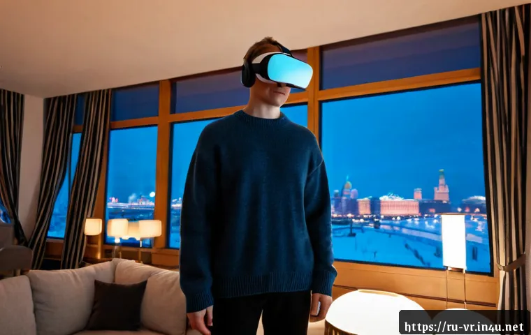 VR 아바타 - Photorealistic modern Moscow apartment living room, a young adult wearing a sleek standalone VR head...