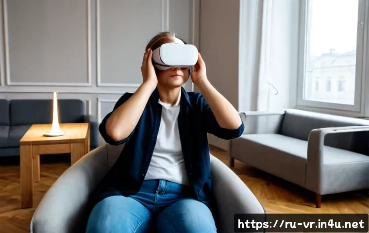 Home 17 VR로 인한 피로도 - Photorealistic scene of a tired Russian adult seated in a cozy Moscow apartment living room, gently ...