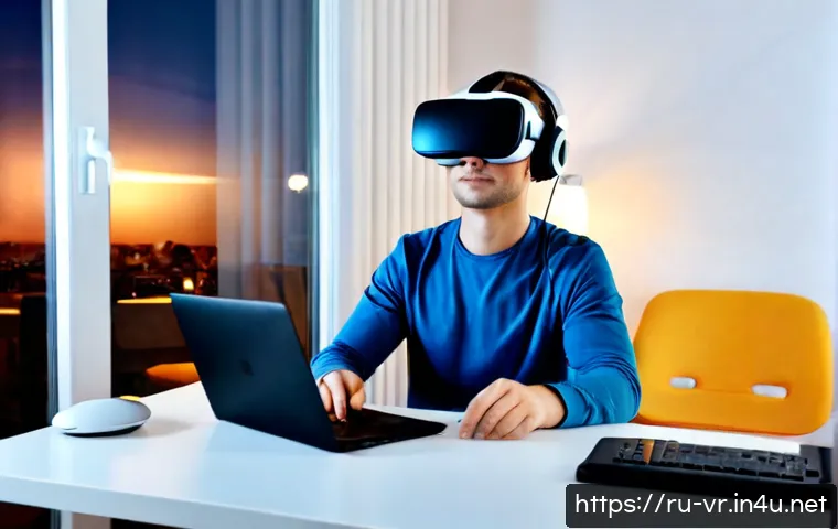 VR의 데이터 보호 이슈 - Photorealistic modern apartment in Moscow at dusk, a Russian adult wearing a sleek VR headset seated...