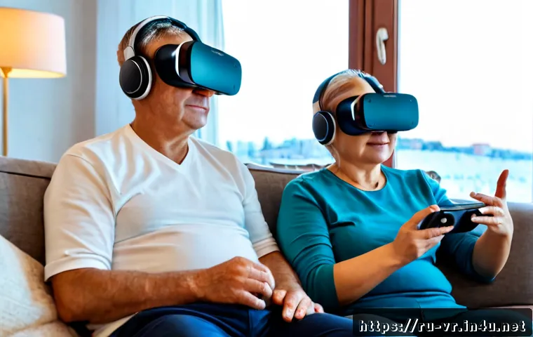 VR 관광 - Photorealistic virtual tourism scene in a cozy Moscow apartment, senior Russian couple wearing moder...